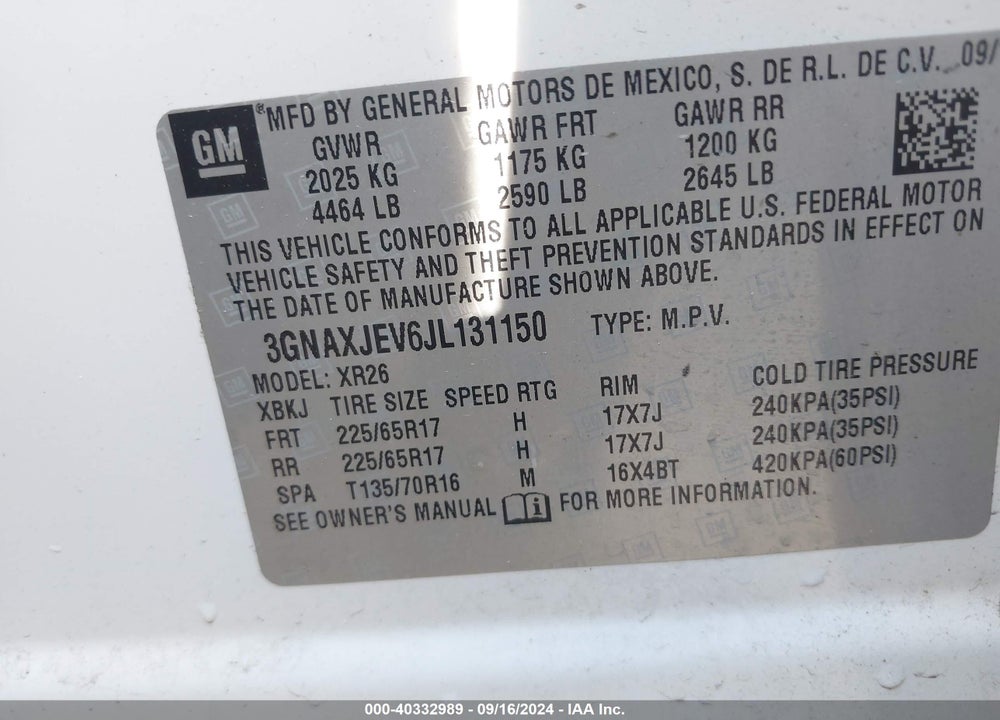 2018 CHEVROLET EQUINOX LT VIN: 3GNAXJEV6JL131150
