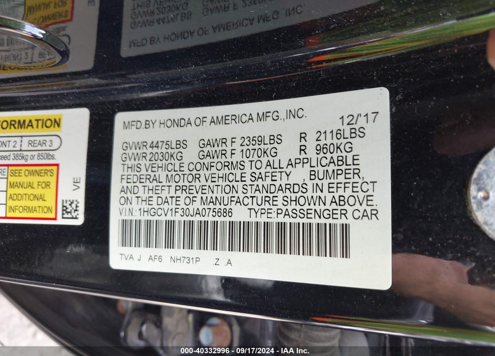 2018 HONDA ACCORD VIN: 1HGCV1F30JA075686