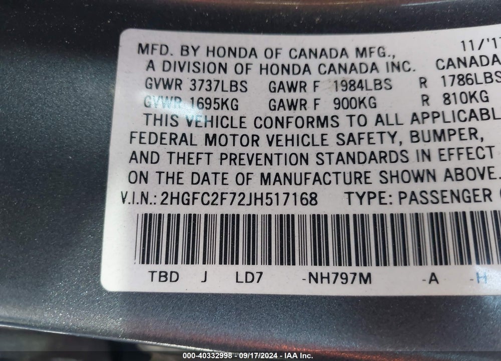 2018 HONDA CIVIC EX VIN: 2HGFC2F72JH517168