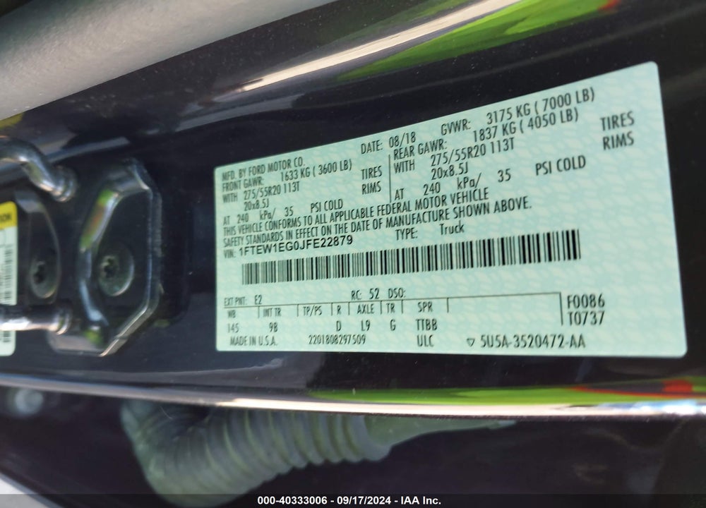 2018 FORD F-150 PLATINUM VIN: 1FTEW1EG0JFE22879