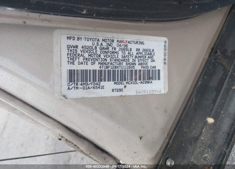 1996 TOYOTA AVALON XL/XLS VIN: 4T1BF12BXTU111935