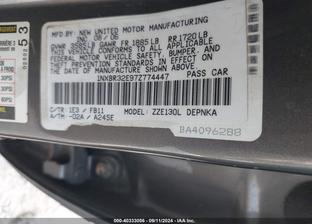 2007 TOYOTA COROLLA LE VIN: 1NXBR32E97Z774447