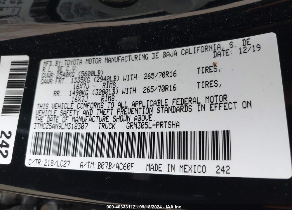 2020 TOYOTA TACOMA TRD OFF ROAD VIN: 3TMCZ5AN9LM318307