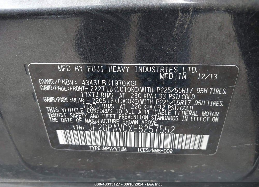 2014 SUBARU XV CROSSTREK 2.0I PREMIUM VIN: JF2GPAVCXE8257552