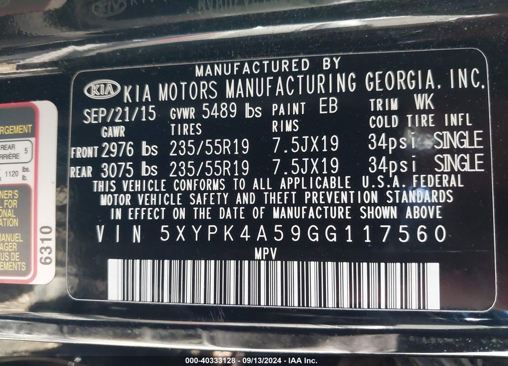 2016 KIA SORENTO 3.3L SX VIN: 5XYPK4A59GG117560