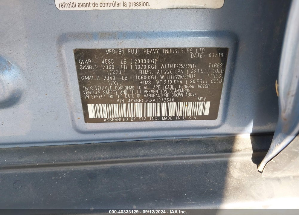 2010 SUBARU OUTBACK 2.5I PREMIUM VIN: 4S4BRCGCXA1372646
