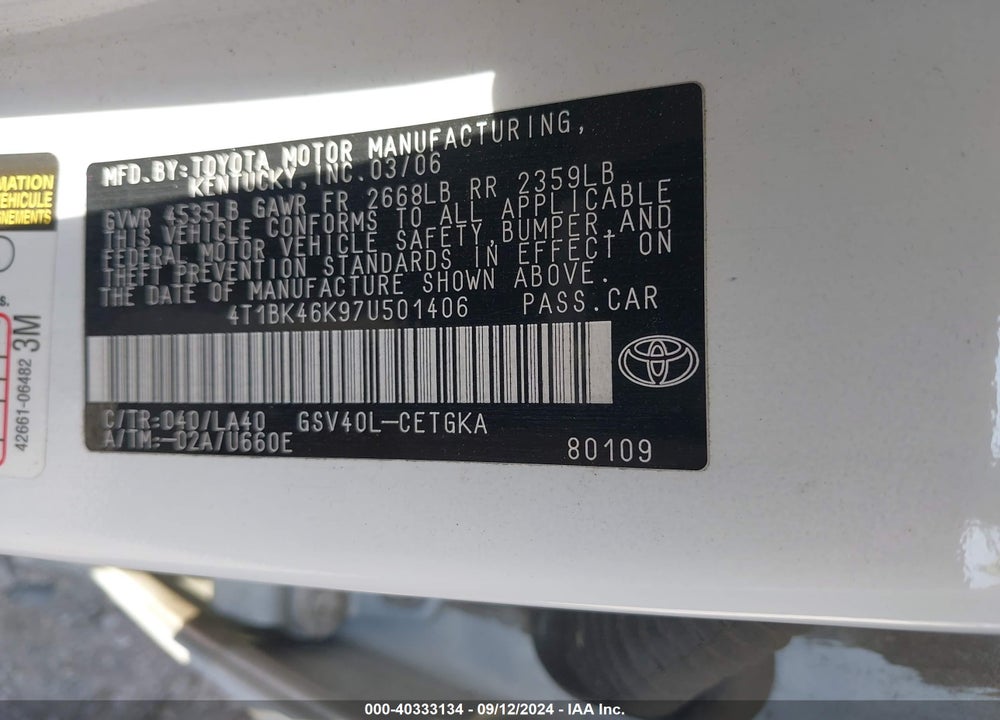 2007 TOYOTA CAMRY XLE V6 VIN: 4T1BK46K97U501406