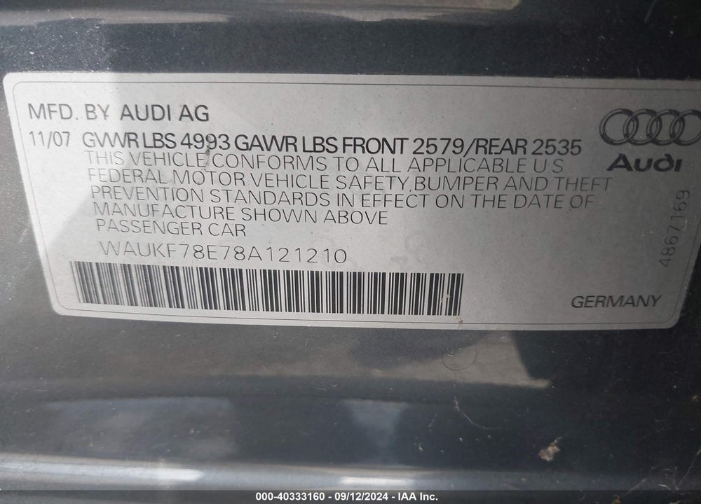 2008 AUDI A4 2.0T VIN: WAUKF78E78A121210