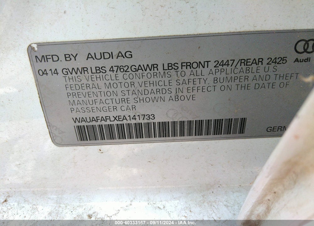 2014 AUDI A4 2.0T PREMIUM VIN: WAUAFAFLXEA141733