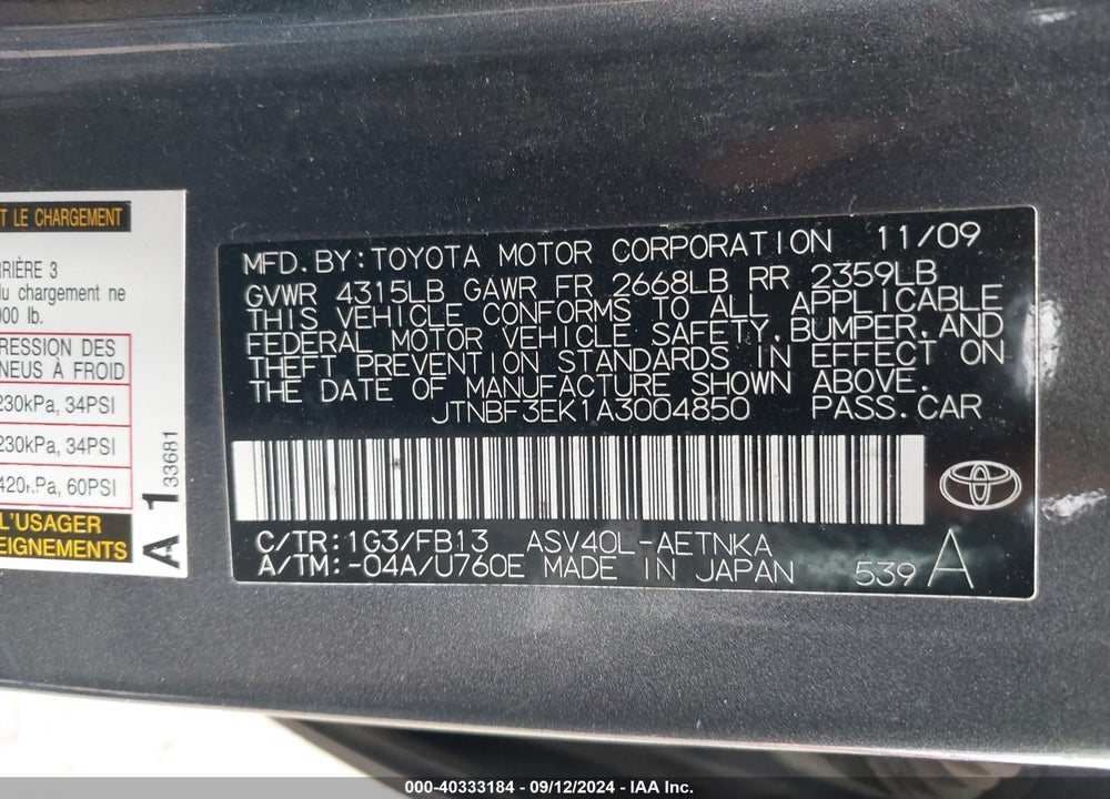 2010 TOYOTA CAMRY VIN: JTNBF3EK1A3004850