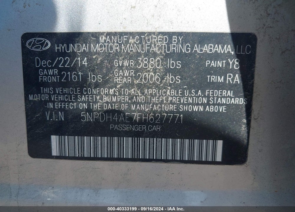 2015 HYUNDAI ELANTRA SE VIN: 5NPDH4AE7FH627771