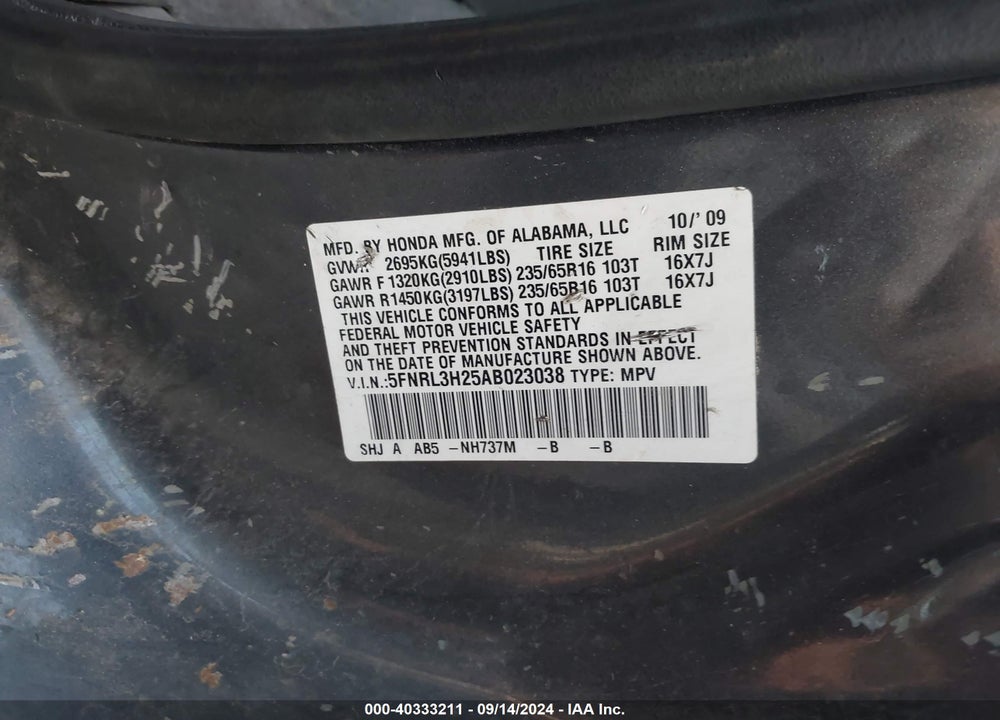 2010 HONDA ODYSSEY LX VIN: 5FNRL3H25AB023038