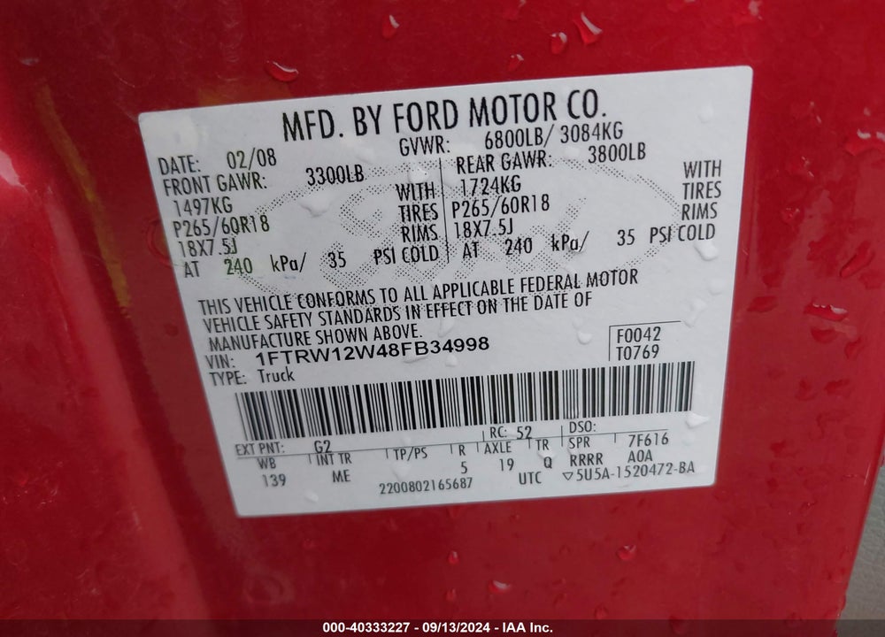 2008 FORD F-150 60TH ANNIVERSARY/FX2/XL/XLT VIN: 1FTRW12W48FB34998