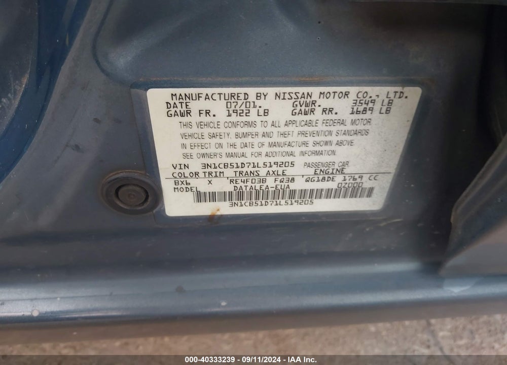 2001 NISSAN SENTRA GXE VIN: 3N1CB51D71L519205