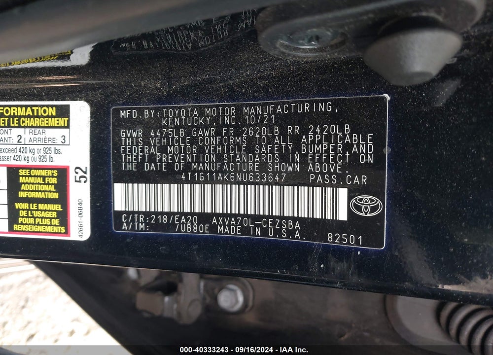 2022 TOYOTA CAMRY SE VIN: 4T1G11AK6NU633647