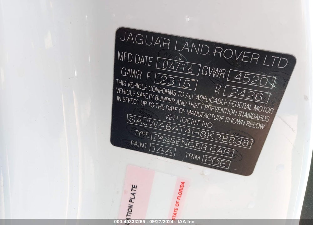 2017 JAGUAR F-TYPE PREMIUM VIN: SAJWA6AT4H8K38838