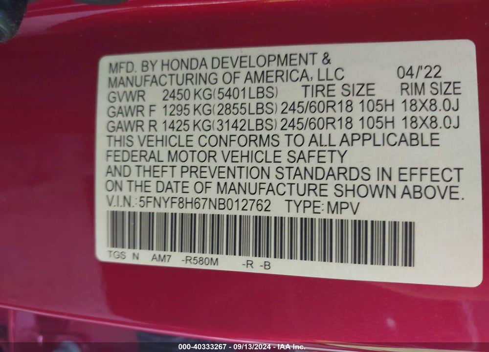 2022 HONDA PASSPORT AWD TRAILSPORT VIN: 5FNYF8H67NB012762