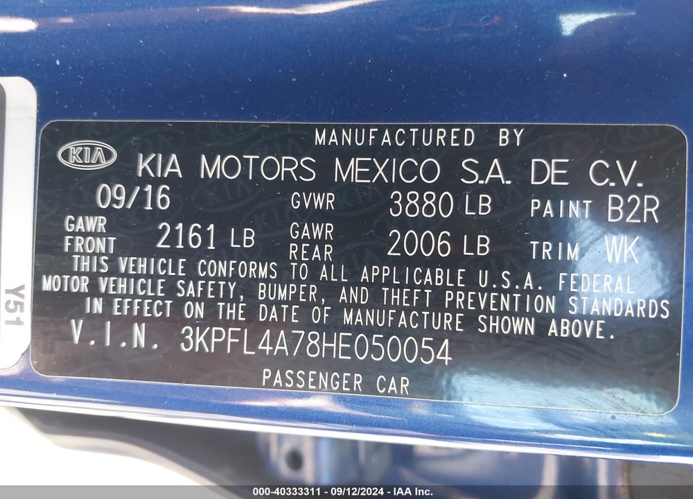 2017 KIA FORTE S VIN: 3KPFL4A78HE050054