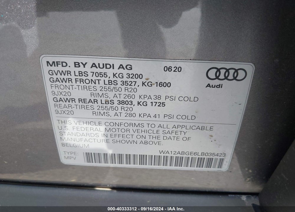 2020 AUDI E-TRON SPORTBACK PREMIUM PLUS VIN: WA12ABGE6LB035423