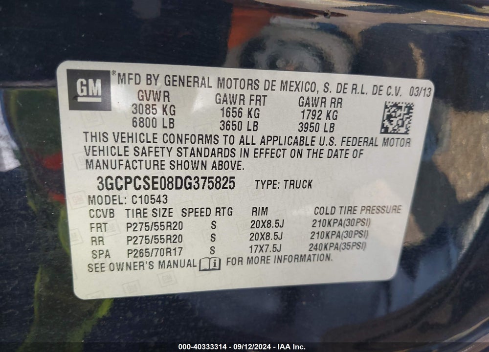 2013 CHEVROLET SILVERADO 1500 LT VIN: 3GCPCSE08DG375825