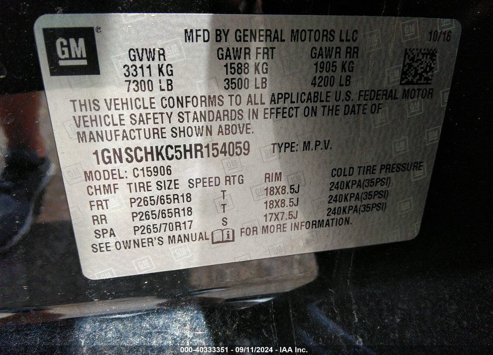 2017 CHEVROLET SUBURBAN LT VIN: 1GNSCHKC5HR154059