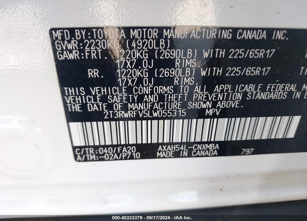2020 TOYOTA RAV4 HYBRID XLE VIN: 2T3RWRFV5LW055315