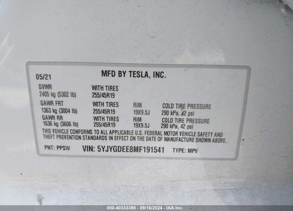 2021 TESLA MODEL Y LONG RANGE DUAL MOTOR ALL-WHEEL DRIVE VIN: 5YJYGDEE8MF191541