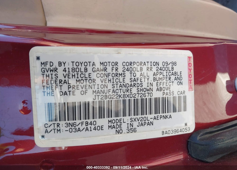 1999 TOYOTA CAMRY LE VIN: JT2BG22K8X0272670