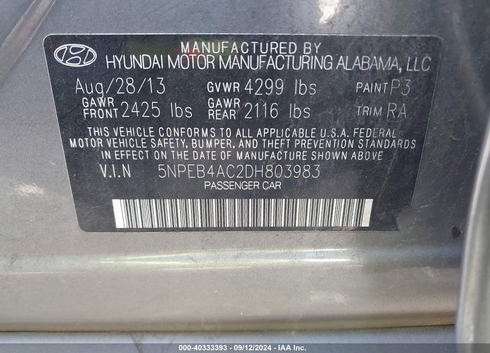 2013 HYUNDAI SONATA GLS VIN: 5NPEB4AC2DH803983