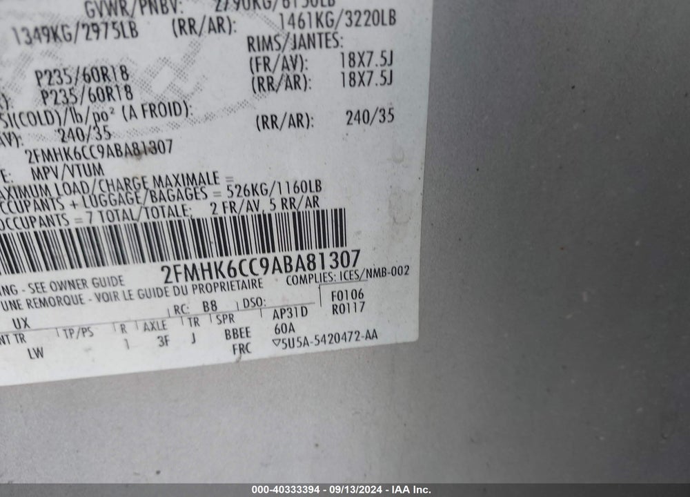 2010 FORD FLEX SEL VIN: 2FMHK6CC9ABA81307