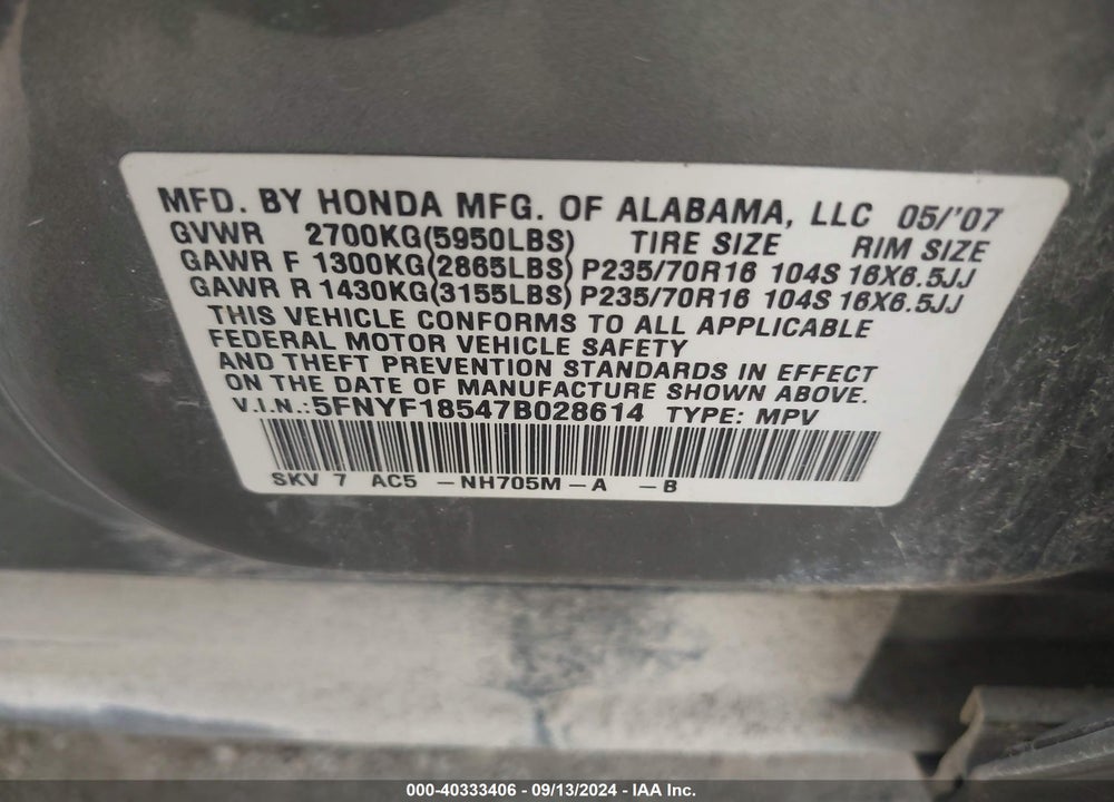 2007 HONDA PILOT EX-L VIN: 5FNYF18547B028614