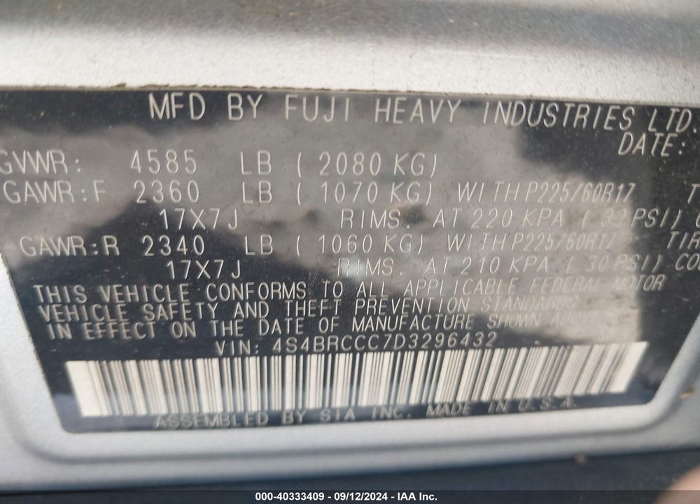 2013 SUBARU OUTBACK 2.5I PREMIUM VIN: 4S4BRCCC7D3296432