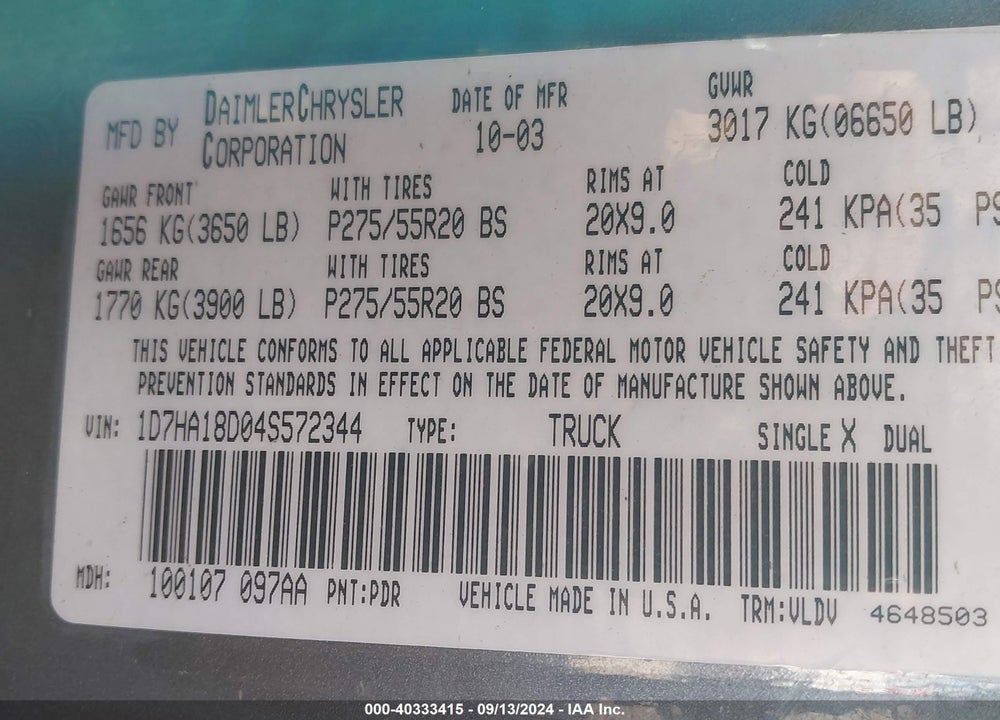 2004 DODGE RAM 1500 SLT/LARAMIE VIN: 1D7HA18D04S572344