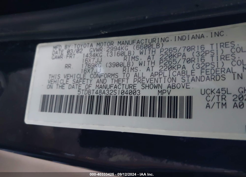 2002 TOYOTA SEQUOIA LIMITED V8 VIN: 5TDBT48A32S104003