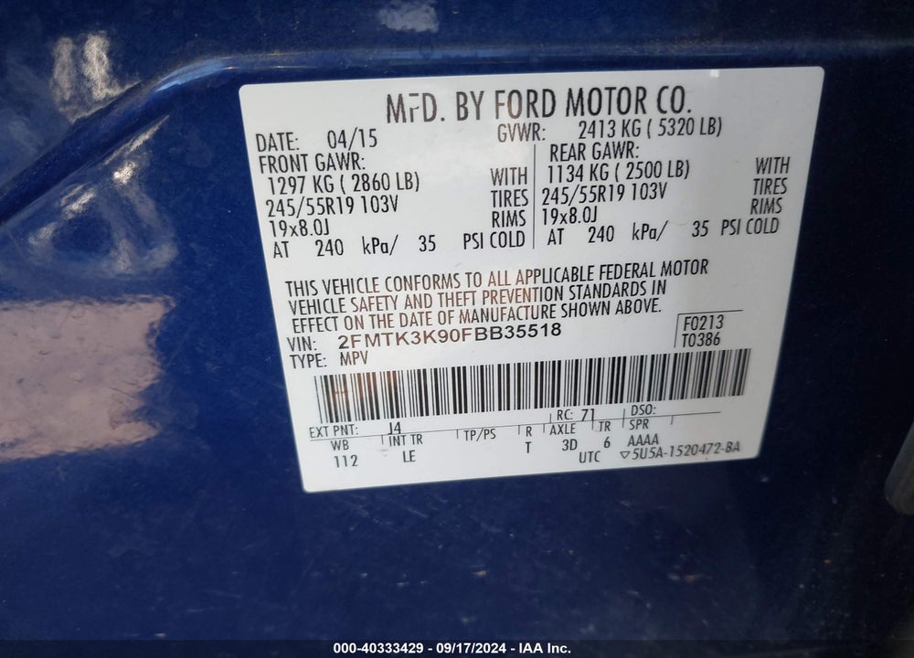 2015 FORD EDGE TITANIUM VIN: 2FMTK3K90FBB35518
