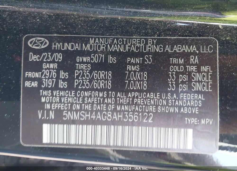 2010 HYUNDAI SANTA FE SE VIN: 5NMSH4AG8AH356122