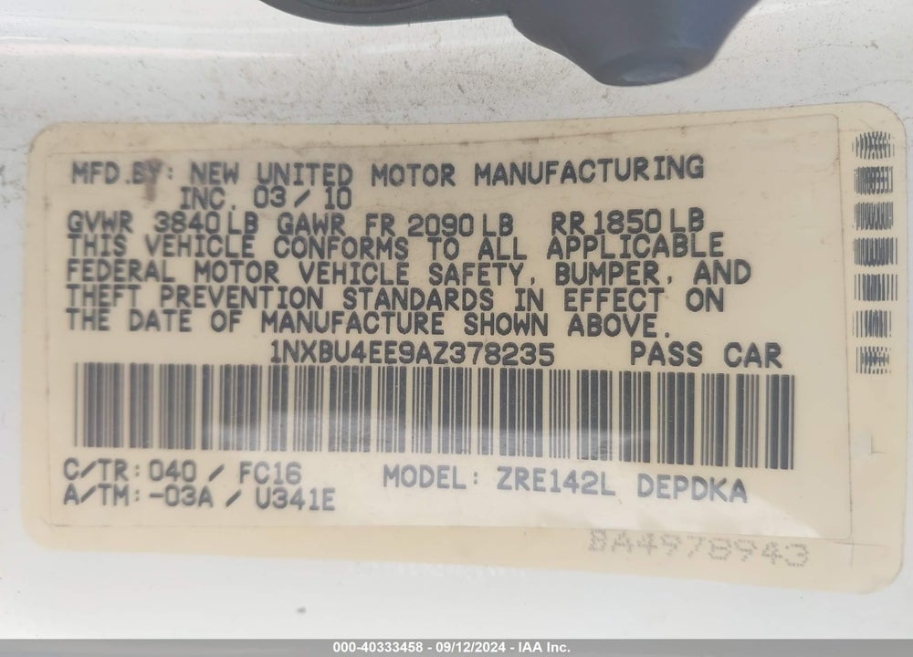 2010 TOYOTA COROLLA LE VIN: 1NXBU4EE9AZ378235
