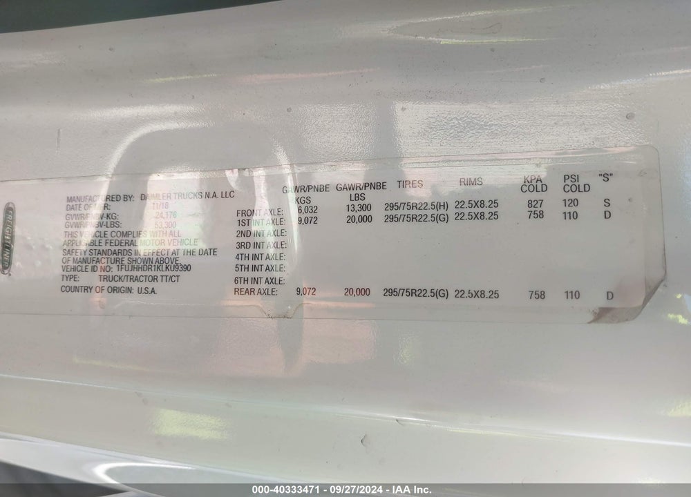 2019 FREIGHTLINER NEW CASCADIA 126 VIN: 1FUJHHDR1KLKU9390