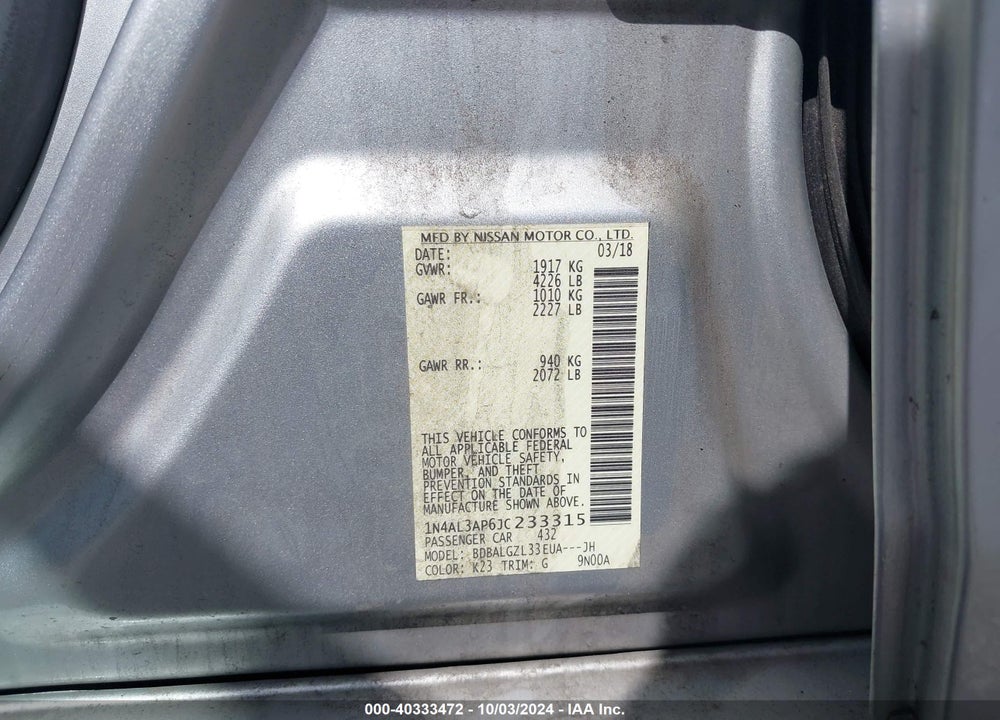 2018 NISSAN ALTIMA 2.5 S VIN: 1N4AL3AP6JC233315