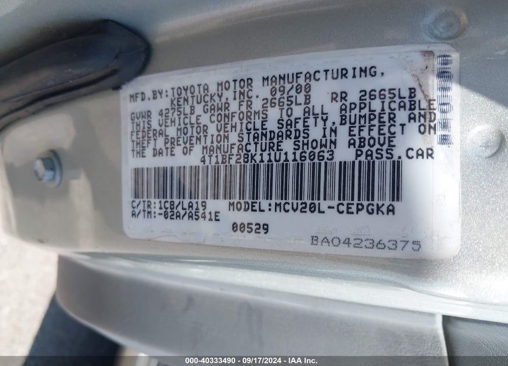 2001 TOYOTA CAMRY XLE V6 VIN: 4T1BF28K11U116063