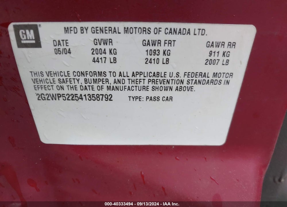 2004 PONTIAC GRAND PRIX GT1 VIN: 2G2WP522541358792