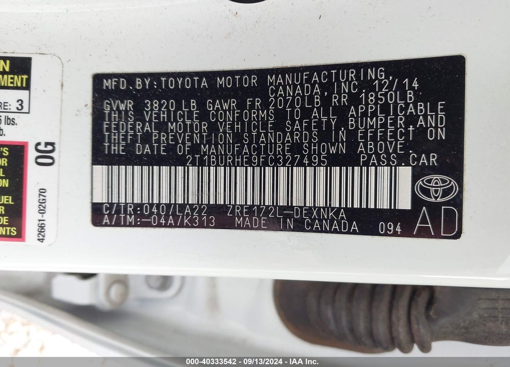 2015 TOYOTA COROLLA LE PREMIUM VIN: 2T1BURHE9FC327495