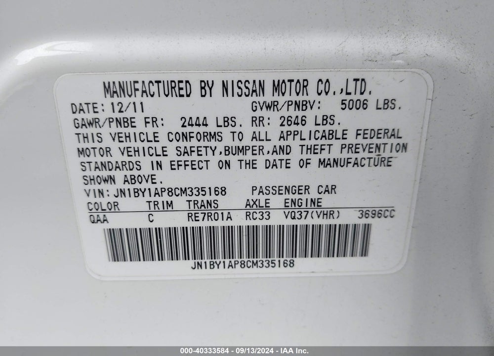 2012 INFINITI M37 VIN: JN1BY1AP8CM335168