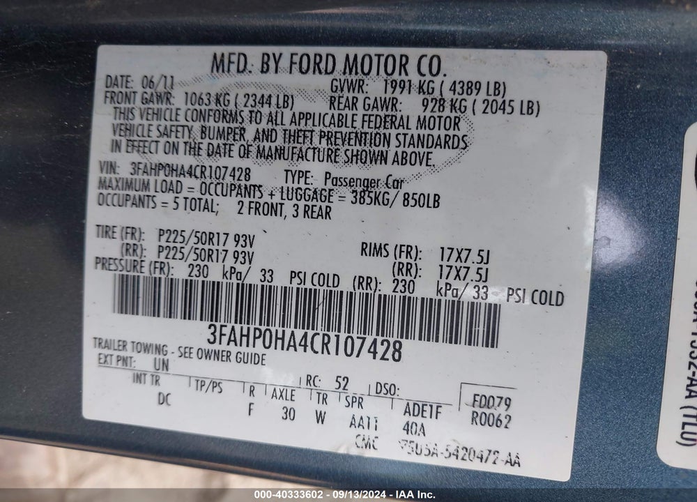 2012 FORD FUSION SE VIN: 3FAHP0HA4CR107428
