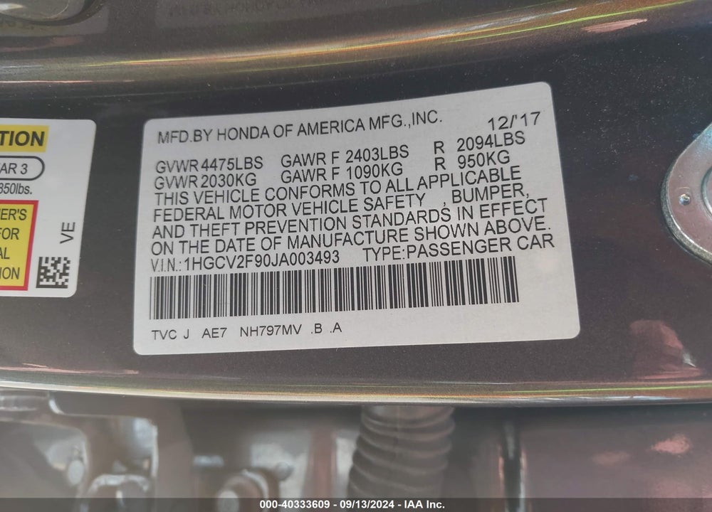 2018 HONDA ACCORD TOURING 2.0T VIN: 1HGCV2F90JA003493