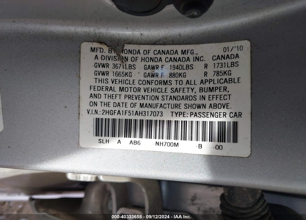 2010 HONDA CIVIC LX VIN: 2HGFA1F51AH317073