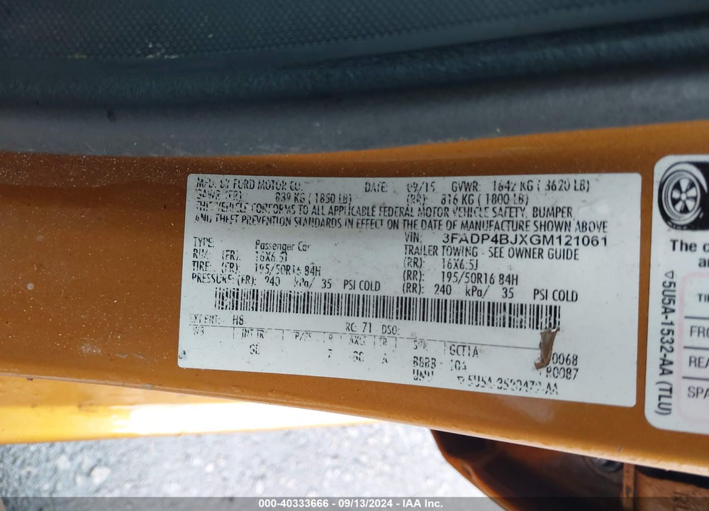2016 FORD FIESTA SE VIN: 3FADP4BJXGM121061