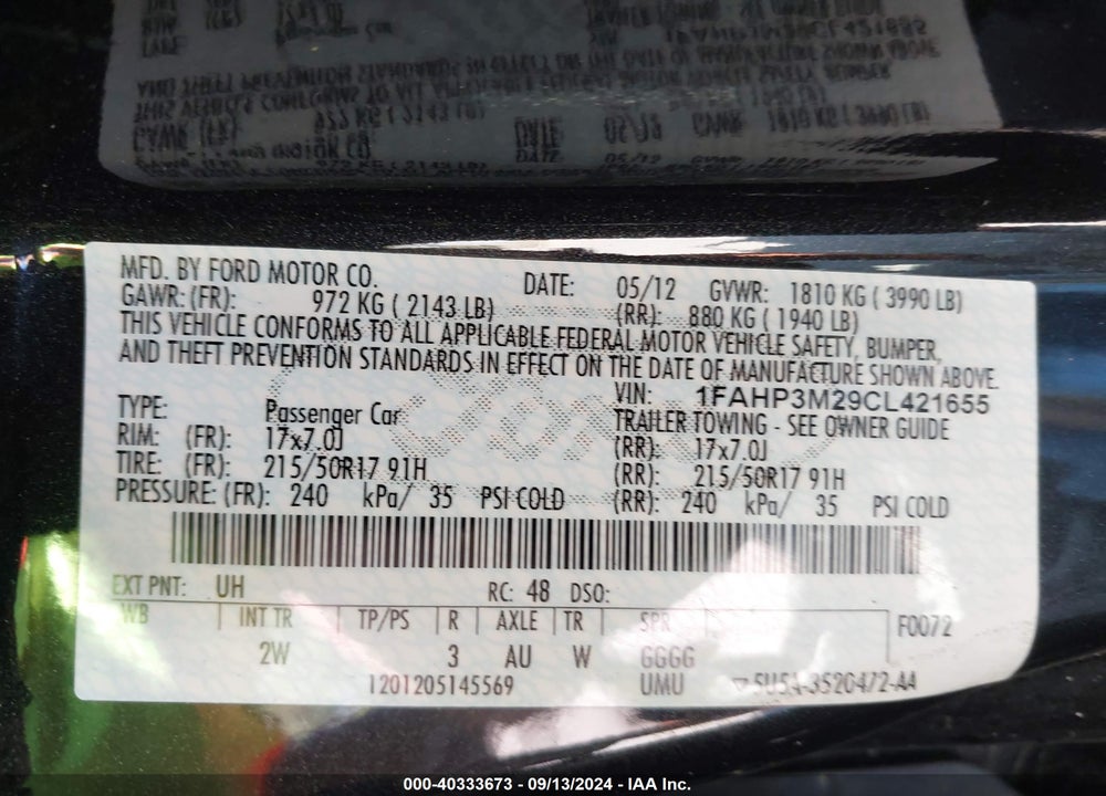 2012 FORD FOCUS SEL VIN: 1FAHP3M29CL421655