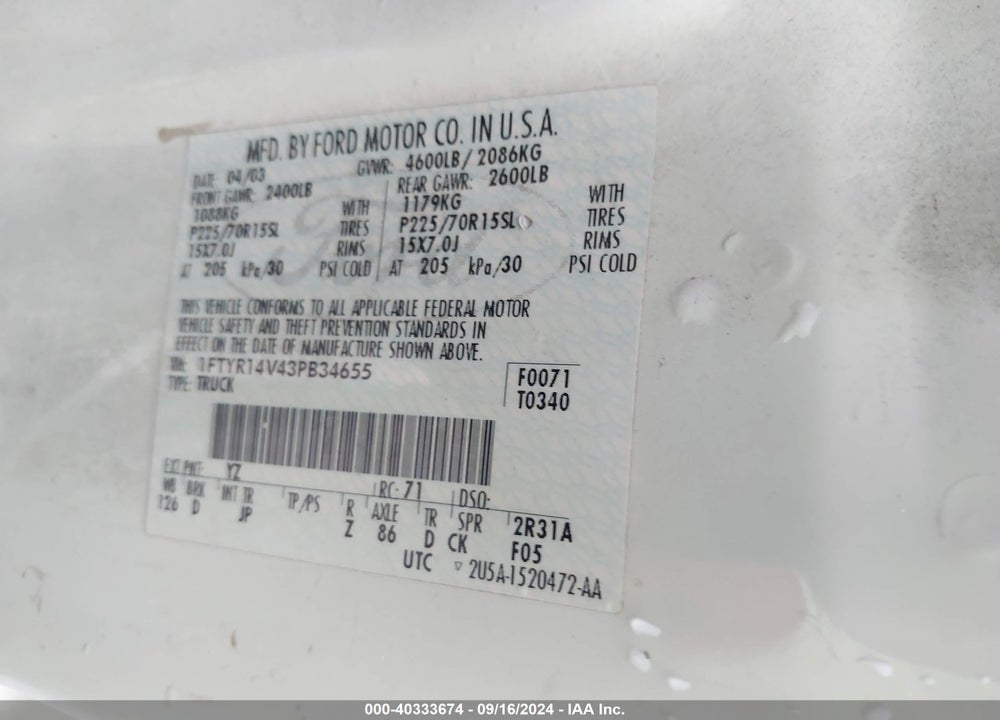 2003 FORD RANGER EDGE/TREMOR/XL/XLT VIN: 1FTYR14V43PB34655