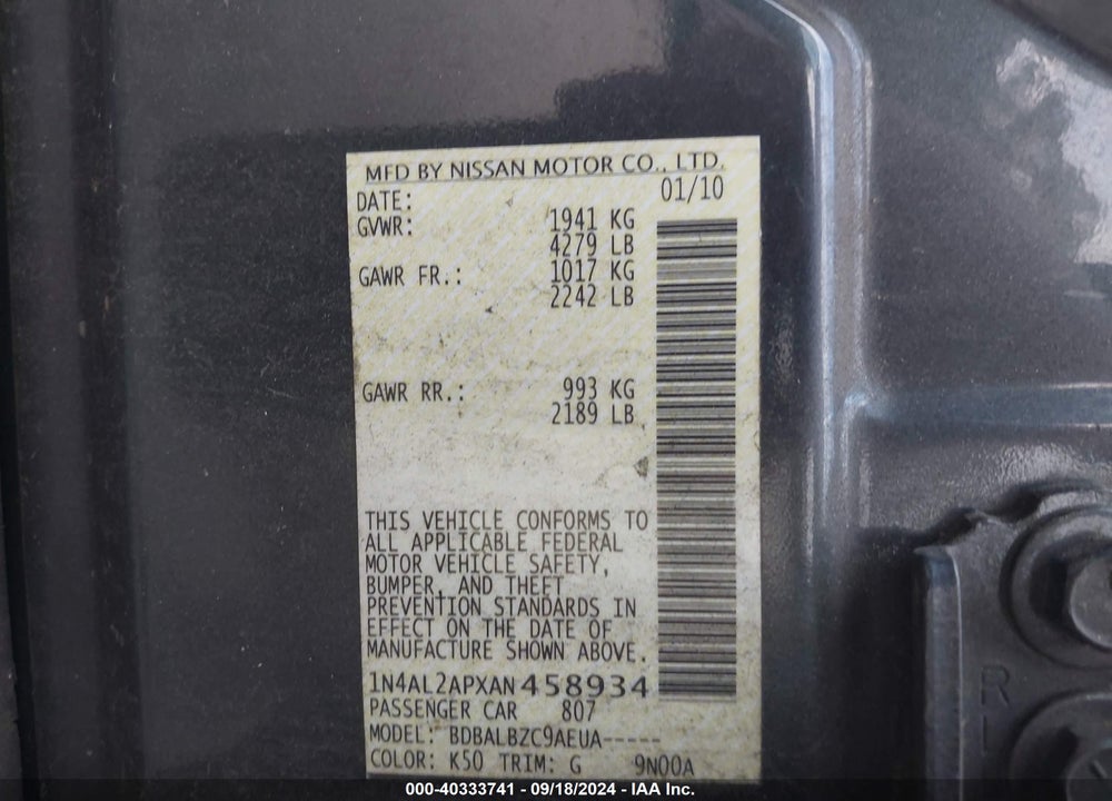 2010 NISSAN ALTIMA 2.5 S VIN: 1N4AL2APXAN458934
